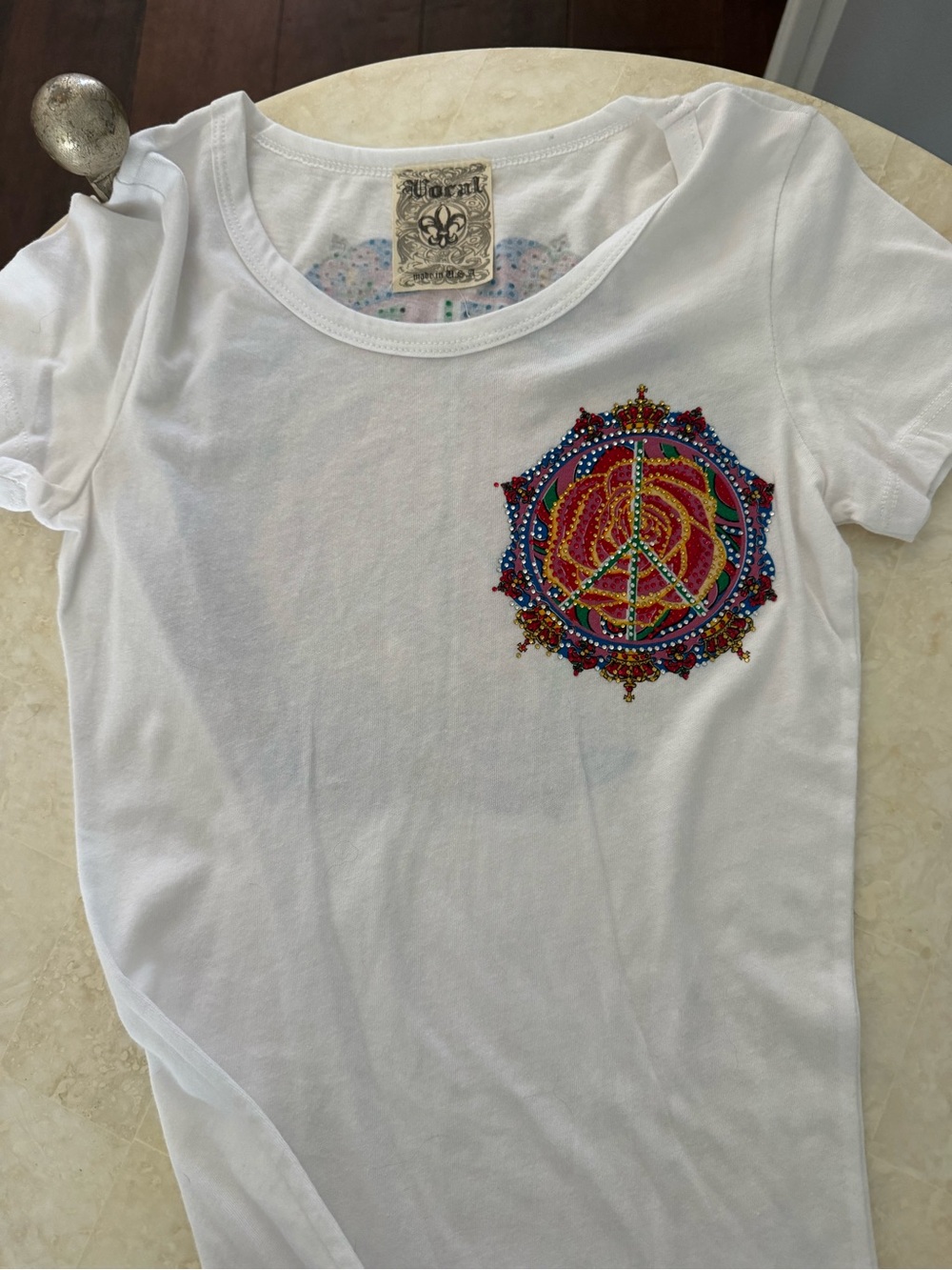 Vocal White Short Sleeve Tee with Embellished Peace Rose